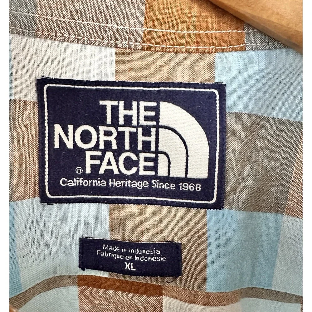 North Face Short Sleeve Shirt Retro Men's XL Blue Brown Plaid